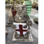 Large 90cm tall seated Garden sculpture of a Lion holding a St George shield on square Plinth (