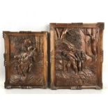 Two Wood block carved pictures approx 40 x 32cm & 35 x 27cm
