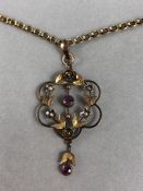 Antique necklace on hallmarked 9ct Gold chain with Amethyst and seed pearl pendant