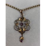 Antique necklace on hallmarked 9ct Gold chain with Amethyst and seed pearl pendant