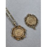 9ct Gold Chain and mount with coin style pendant and second similar unmarked pendant (approx 10.8g)