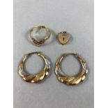 9ct Gold earrings, 9ct Gold ring with pierced decoration and a 9ct heart shaped lock (total approx
