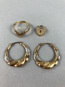 9ct Gold earrings, 9ct Gold ring with pierced decoration and a 9ct heart shaped lock (total approx