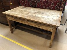 Antique pine kitchen table with two drawers approx 145cm x 79cm x 77cm tall