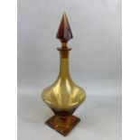 Art Deco Amber Glass Bottle with Pyramid shaped stopper and stepped Base approx 36cm tall