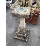 Brass and copper sundial on weathered concrete pillar approx 93cm tall