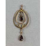 9ct Gold pear shaped drop pendant set with garnets and a single pearl
