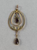 9ct Gold pear shaped drop pendant set with garnets and a single pearl