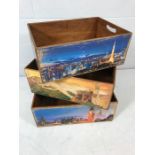 Set of three stacking wooden storage boxes / crates with decorative photographic designs