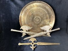 Brass Islamic-style tray and three ornamental swords