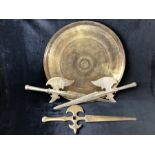 Brass Islamic-style tray and three ornamental swords