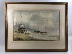 Fredk H. Brown: Signed Large Watercolour scene of boats by the Water approx 49cm x 33cm