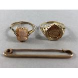 Two 9ct Gold rings and a 9ct Gold tie pin (total approx 6.4g)