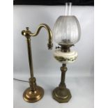 Victorian brass table lamp and Victorian oil lamp with shade and chimney