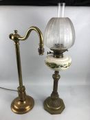 Victorian brass table lamp and Victorian oil lamp with shade and chimney