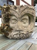 Stoneware carved Greenman Head approx 30cm square