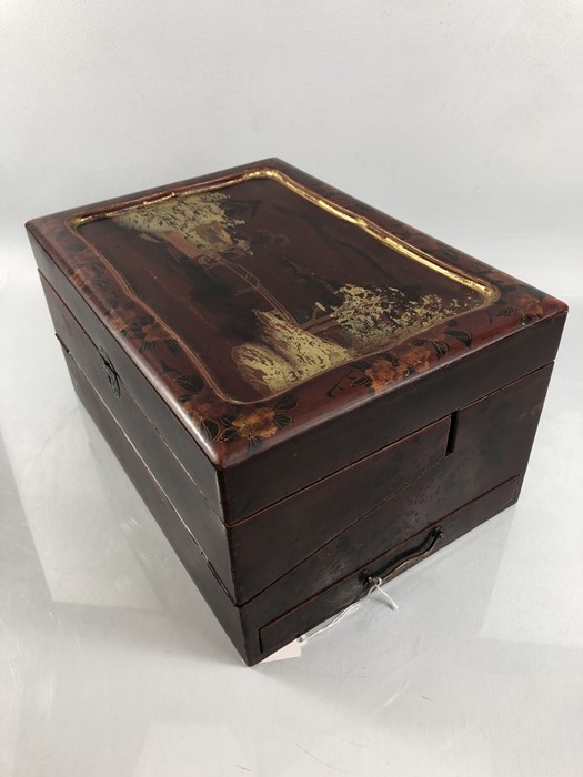 Japanese red lacquer writing box with drawer - Image 3 of 9