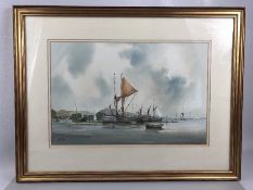 Peter Toms, 20th Century watercolour of various moored boats in an estuary, signed lower left approx