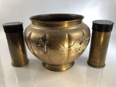 Arts and Crafts brass bowl along with two further brass items