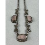 Vintage 17” Silver Marcasite and Rose Quartz necklace, stamped Sterling, Silver. Measuring approx: