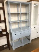 Blue painted dresser with open shelves and cupboards under approx 98cm wide