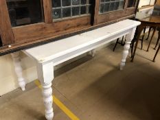 White painted pine kitchen table approx 152cm x 75cm x 75cm tall