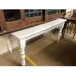 White painted pine kitchen table approx 152cm x 75cm x 75cm tall