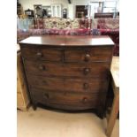 Mahogany bow fronted chest of five drawers approx 104cm x 51cm x 106cm tall