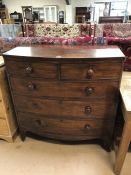Mahogany bow fronted chest of five drawers approx 104cm x 51cm x 106cm tall