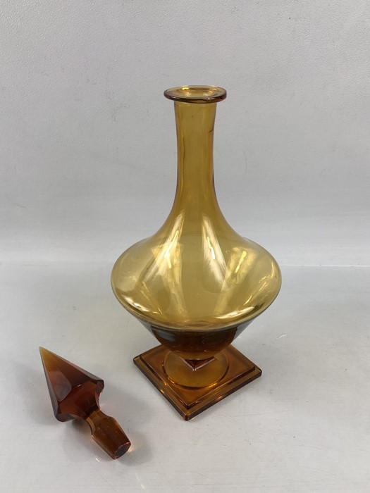 Art Deco Amber Glass Bottle with Pyramid shaped stopper and stepped Base approx 36cm tall - Image 4 of 6