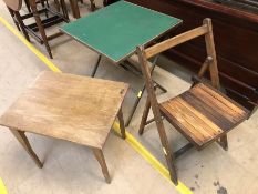 Vintage green-baized table, a folding oak table and and vintage folding chair