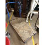 Blue metal industrial trolley with wooden base