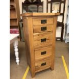 Modern solid light wood tallboy with five drawers approx 56cm x 50cm x 120cm tall