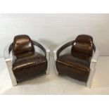 Pair of club chairs in an aviator style, approx 75cm wide x 90cm deep x 75cm tall