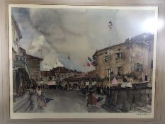 SIR WILLIAM RUSSELL FLINT, signed print, French town / village scene of women with flags approx 63cm