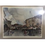 SIR WILLIAM RUSSELL FLINT, signed print, French town / village scene of women with flags approx 63cm