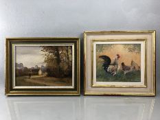 TERRY WARD, framed oil on board of cockerel and hens, approx 25cm x 21cm and EJ WILSON, oil on