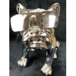 Silver coloured decorative bulldog wearing sunglasses, approx 31cm tall