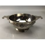 Silver London hallmarked twin handled Christening cup with applied silver decoration by Carrington &