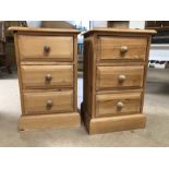 Pair of three drawer pine bedsides, approx 38cm x 61cm x 30cm each