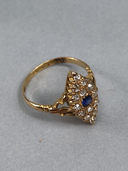 Edwardian Antique Diamond and Sapphire set marquis fully hallmarked 18ct Gold ring size 'P' - Image 4 of 4