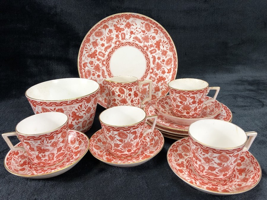 Four piece Crown Derby tea set, red and white Wilmot design