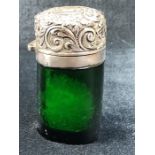 Hallmarked silver topped green glass scent bottle with original stopper - hallmarked Birmingham