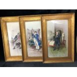 Set of three framed watercolour pictures of characters from Dickens signed F Johnson 1915 & 1916