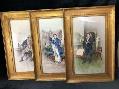 Set of three framed watercolour pictures of characters from Dickens signed F Johnson 1915 & 1916