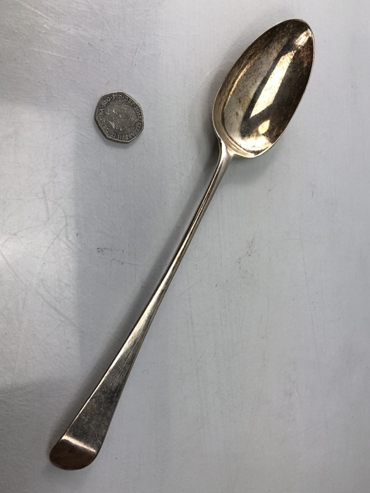 Large Silver serving spoon London 1767 maker JE (Listed by Grimwade as an "Unregistered Mark" and - Image 2 of 8