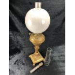 Victorian brass oil lamp with shade and two chimneys