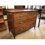 Chest of four drawers with brass handles on original castors and upstand, approx 107cm x 54cm x 83cm