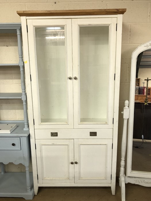 Painted kitchen dressing with drawer and cupboard under, glazed doors, missing internal shelves