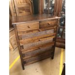 Modern dark wood six drawer chest with cane detailing to drawers, approx 80cm x 104cm x 48cm deep